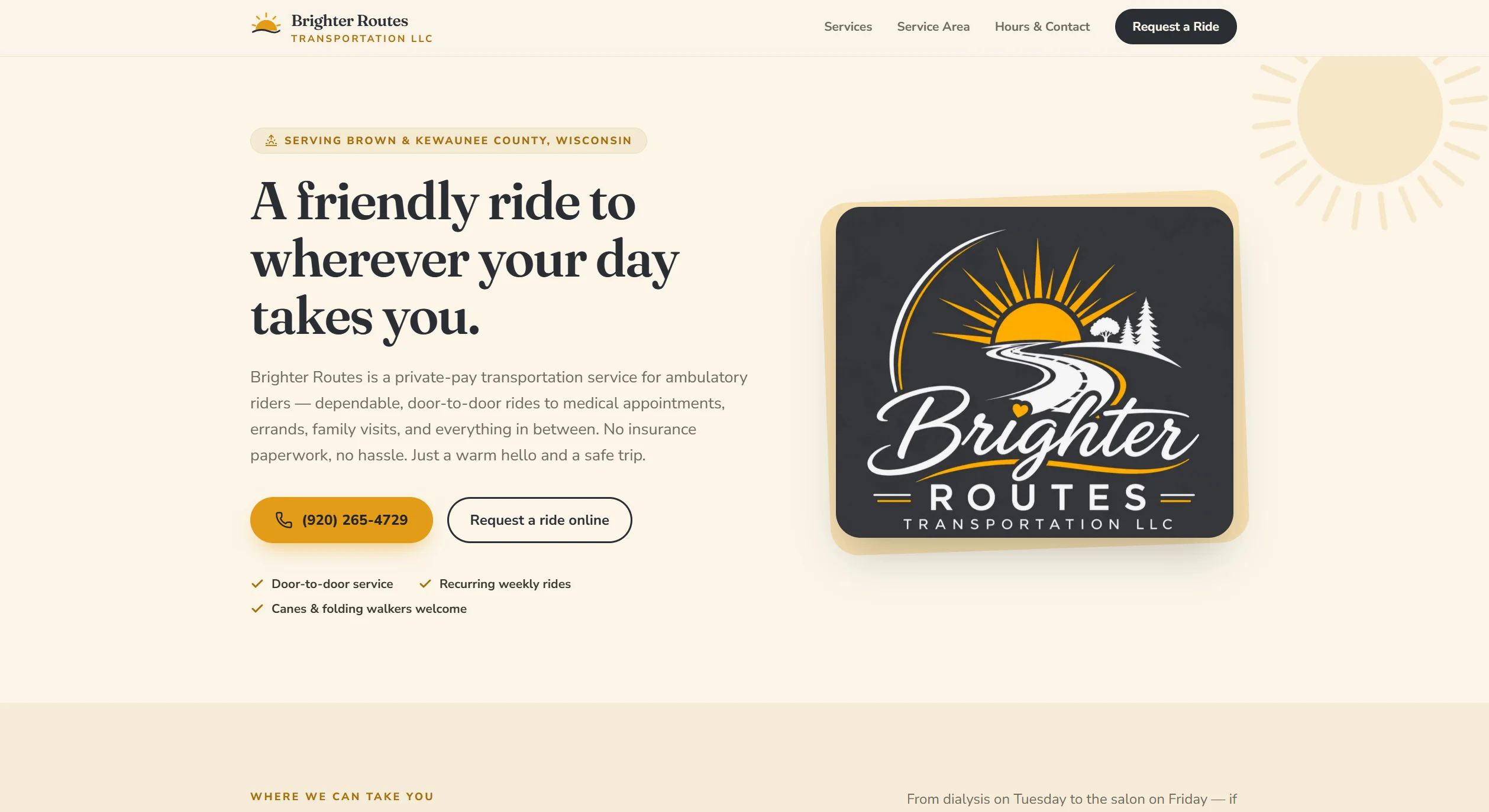 Brighter Routes Transportation LLC website homepage with the headline A friendly ride to wherever your day takes you, a click-to-call phone button, and the company sunrise-and-road logo, serving Brown and Kewaunee County, Wisconsin