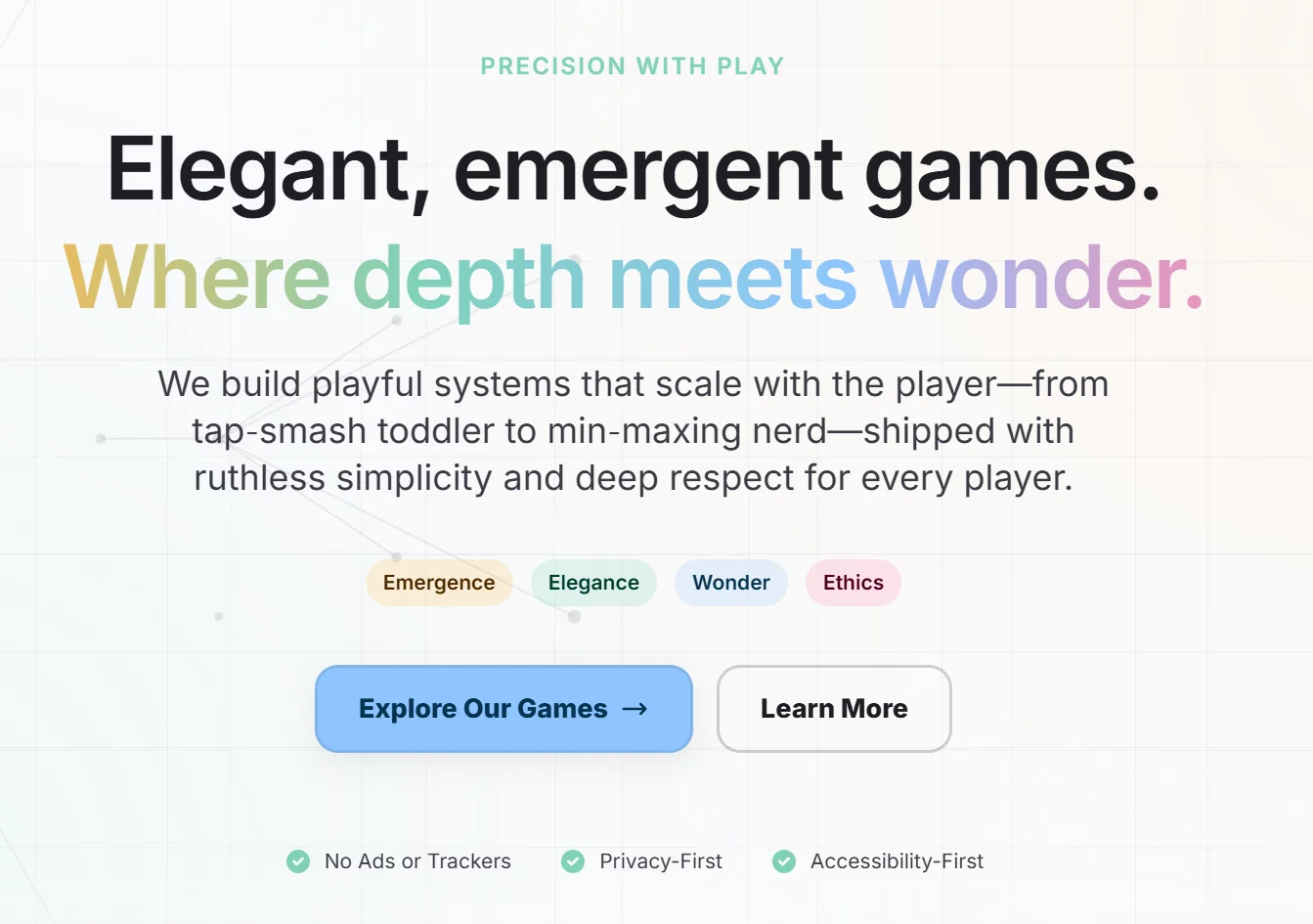 Level-K Games website homepage featuring the tagline Elegant emergent games with colorful gradient text and studio pillars of Emergence, Elegance, Wonder, and Ethics